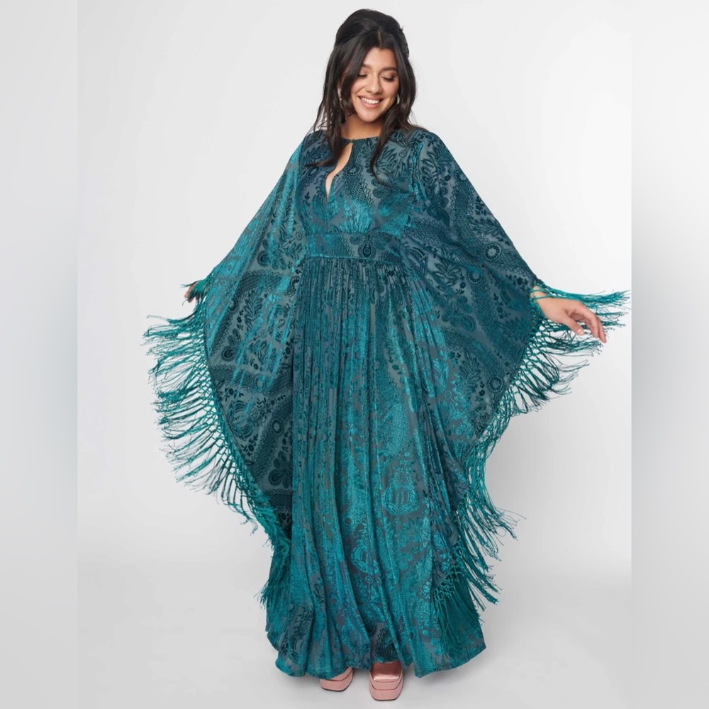 Unique Vintage Teal Maxi Dress with Fringe NWOT